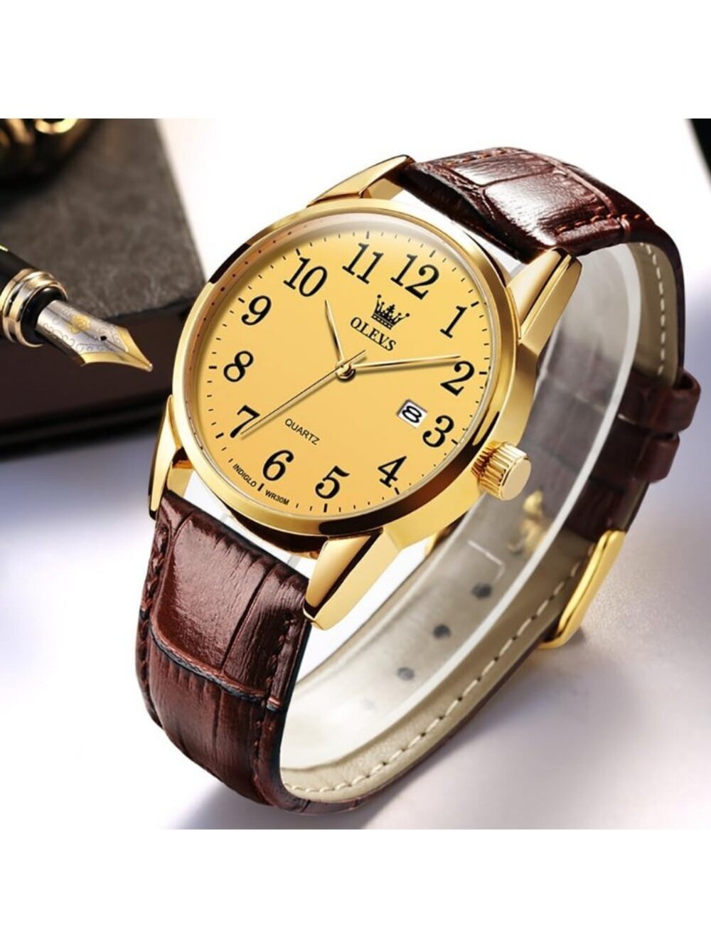 Men Brown Gold Face Analog Stainless Steel Roman Number Waterproof Classic Watch - Picture 4 of 6